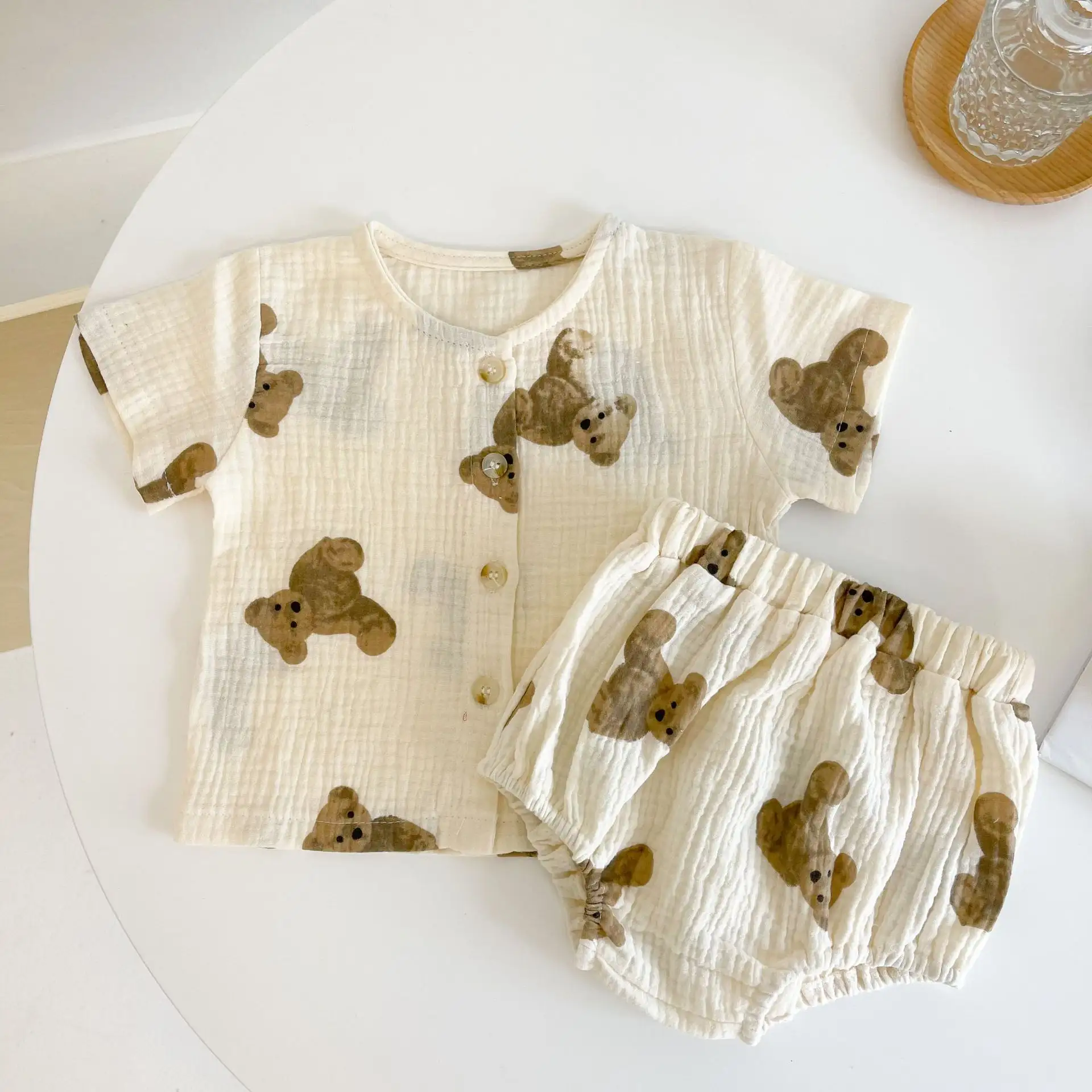 ชุดสูทกางเกงผ้ายืด2ชิ้นสำหรับฤดูใบไม้ผลิชุดเสื้อผ้าเด็กทารกชุดบอดี้สูทลำลองพิมพ์ลายหมี