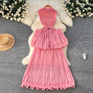 Robe midi plissée unie à volants pour femme, style Miyake vintage, taille naturelle, sans manches, vente en gros directe usine, été - Product Image 4