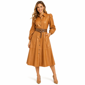 <span class=keywords><strong>Vestido</strong></span> de <span class=keywords><strong>Cuero</strong></span> Genuino de Lujo para Mujer, Estilo Camisero, con Mangas Abullonadas, Cuello Camisero, Corte Midi, Cierre de Botón Sencillo - Product Image 2