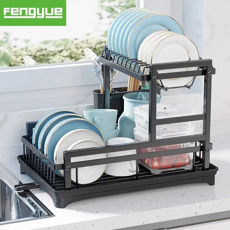 Égouttoir à vaisselle détachable à 2 niveaux avec support organisateur de plateau pour la cuisine à domicile