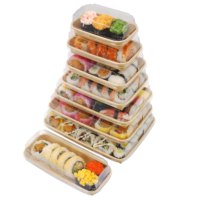 Bandeja Rectangular Grande Desechable de Papel Kraft Reciclado para Sushi con Tapa, Recubrimiento UV, Laminado Mate y Grabado en Relieve para Fideos, Patatas Fritas y Alimentos para Bebés