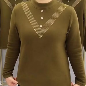 Women's Knit <b>Top</b> Coffee Color Rhinestone V-Neck Long Sleeve Soft Warm Base <b>Layer</b> Slim Fit Autumn Winter Wear - Product Image 3