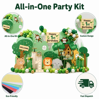 Set Dekorasi Pesta Safari Hutan, Papan Latar Tema Hutan, Kit Balon, Papan Busa KT Daur Ulang, Cetak Digital untuk Ulang Tahun ke-1