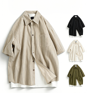 Chemise surdimensionnée rayée de style <span class=keywords><strong>japonais</strong></span> pour hommes, manches courtes, décontractée, avec boutons en corne, haut de travail d'été - Product Image 1