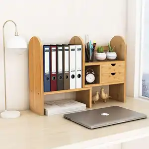 Bambus Desktop Bücherregal Counter Top Bücherregal Verstellbar mit 2 Schubladen