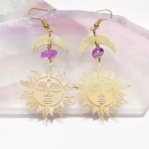 Handmade Sun And Moon Celestial Dangle Drop Earrings Sun And Moon Charms Witchy Gothic Earrings Natural water crystal eardrops