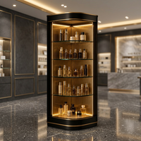 Gebogene Glas-Schönheitsvitrine LED-Hintergrundbeleuchtete Eckvitrine Gold Kosmetik-Verkaufsregal