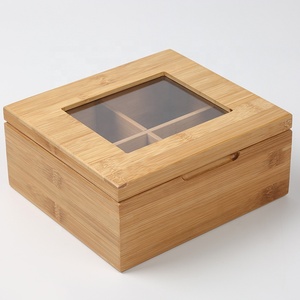 4 Adjustable Compartments Square Bamboo Wooden Tea Bags Storage Organizer Tea Chest Box Holder with Transparent Hinged Lid