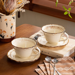 Japanese Style Ceramic Cup and Saucer <b>Set</b> 250ml Vintage <b>Coffee</b> <b>Mug</b> Wide Mouth Cappuccino Latte Cup - Product Image 1