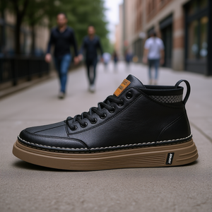 Chaussures décontractées montantes pour hommes en cuir noir, à bout rond, à lacets, semelle en caoutchouc, tendance mode, toutes saisons, style marche - Product Image 2