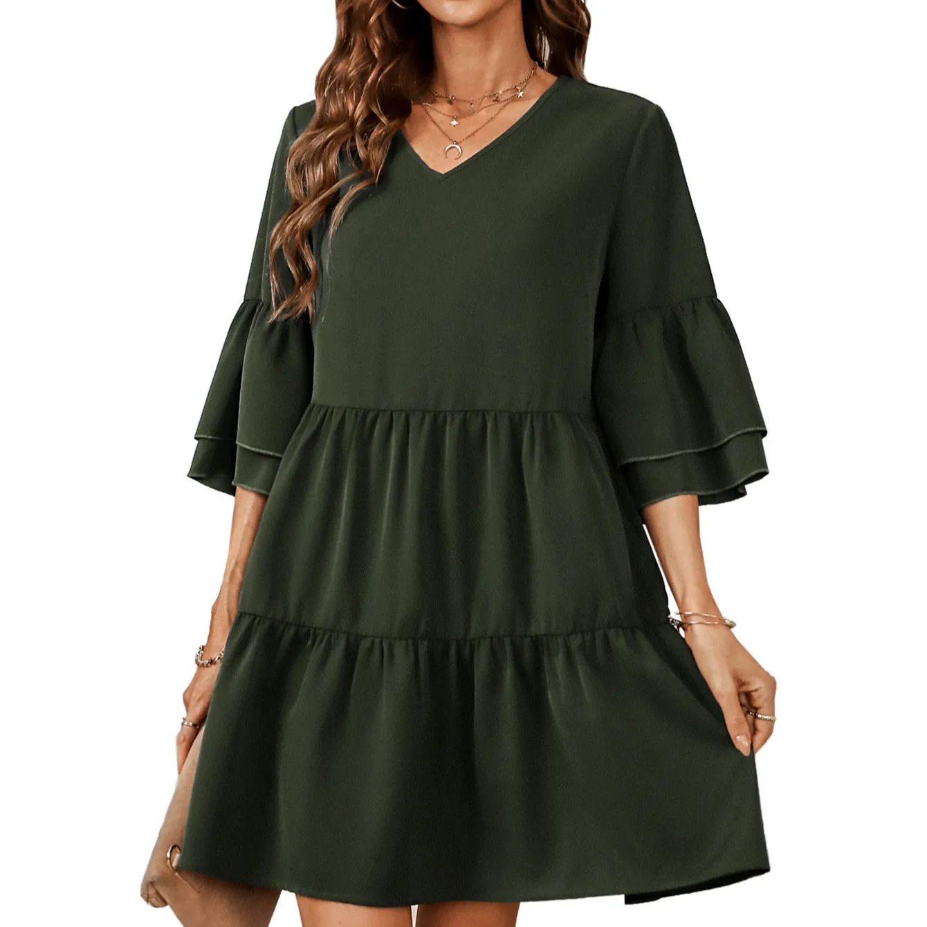 Hot sale new style short sleeve loose gather hem outfit women ruffled casual mini dress for summer
