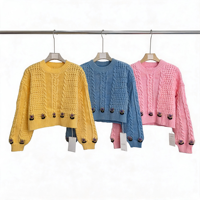 Pull court tricoté personnalisé à col rond avec motif floral 3D marguerite pour femme, pull court tricoté à manches bouffantes
