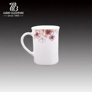 340mlガラスマグカスタマイズされたデカール印刷でお茶を飲むための白いオパールガラスマグ耐熱ガラスドリンクウェアミルクマグ