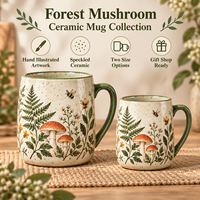Collection de tasses en céramique illustrées à la main avec motif champignon forestier et glaçure mouchetée – Tasses en porcelaine personnalisées sur le thème de la forêt, vente en gros