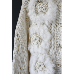 Cardigan court élégant <span class=keywords><strong>en</strong></span> tricot pour <span class=keywords><strong>femme</strong></span>, <span class=keywords><strong>en</strong></span> <span class=keywords><strong>laine</strong></span> et mélanges, avec fleurs <span class=keywords><strong>en</strong></span> fourrure de lapin faites à la <span class=keywords><strong>main</strong></span>, directement de l'usine - Product Image 2