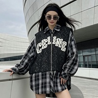 Chemise tendance à carreaux noirs et blancs 6831/FANMAJIALIE avec détails scintillants, dessins animés et lettres – Haut décontracté pour le quotidien et la mode urbaine