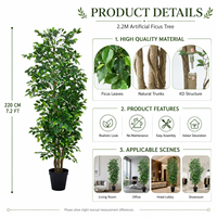Arbre artificiel en PE hyper-réaliste Ficus 220 cm, résistant aux UV/au feu, haute qualité, toucher réaliste, écologique, luxe moderne, intérieur/extérieur