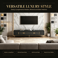 Meuble TV cannelé noir et or en gros, meuble multimédia avec rangement fermé, pieds en métal, style minimaliste, pour salon, en bois