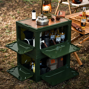 Outdoor <b>Camping</b> <b>Storage</b> <b>Box</b> Folding Plastic With Wooden Lid Car Trunk Organizer Military Green Rectangle Foldable - Product Image 1