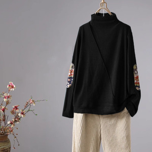 Women Fleece High Neck Top Black Coffee Gray Splicing Design Autumn Winter Wear - Product Image 4