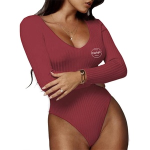 <strong>Long</strong> <strong>Sleeve</strong> <strong>Top</strong> Shirt Women Rib Bodycon Solid Color Sexy <strong>V</strong> <strong>Neck</strong> One Piece Girls Custom Embroidery Logo - Product Image 2