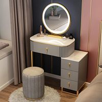 Coiffeuse compacte 50/60/70 cm avec bord cannelé, armoire latérale interchangeable et miroir LED rond.