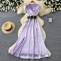 Robe longue élégante en satin pour femme, col en V, sans manches, coupe trapèze, avec ceinture, vêtements décontractés pour les fêtes, robes décontractées pour tous les jours