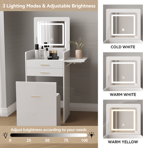 <strong>Dressing</strong> <strong>Table</strong> With Flip-Top <strong>Mirror</strong> &amp; LED Lights, Compact Makeup Desk Set With <strong>Fold</strong>-Up Panel &amp; Cushioned Storage Stool - Product Image 2