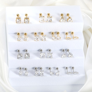 Fashion <b>Stud</b> <b>Earrings</b> Zircon Geometric Shape Claw Setting Stainless Steel Party Jewelry - Product Image 1