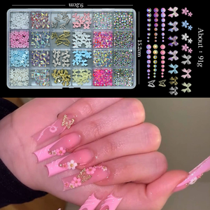 24 Rejillas de Accesorios para Decoración de Uñas DIY: Diseños Franceses Mixtos, Lazos, Perlas, <span class=keywords><strong>Flores</strong></span> y Pedrería de Resina Colorida - Product Image 6