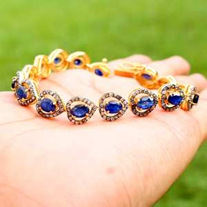 <b>Adjustable</b> Women's Tennis <b>Bracelet</b> with Blue Sapphire Fine <b>Gold</b> Jewellery Handmade Natural Bulk Product - Product Image 4