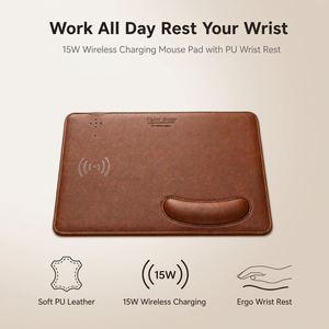 Repose-poignet pour souris avec chargeur sans fil 15W, tapis ergonomique antidérapant en cuir PU pour bureau, ordinateur portable, logo personnalisé OEM - Product Image 1