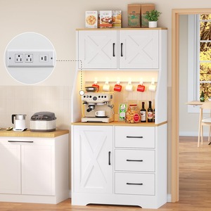 Buffet de cuisine moderne blanc haut avec étagères réglables et 3 tiroirs, éclairage LED et station de charge pour cuisine et salle à manger - Product Image 1