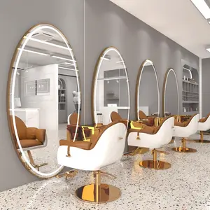 畅销现代椭圆形美发金银单面墙理发店发廊镜子站带发光二极管灯