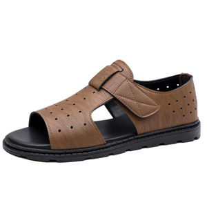Sandales plates en cuir véritable pour hommes, à bout ouvert, avec fermeture à boucle, chaussures de plage décontractées respirantes pour l'été - Product Image 5