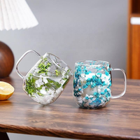 Tasse à café à double paroi isolée en verre borosilicate avec poignée, pour expresso, latte, lait, jus, thé, avec fleurs séchées