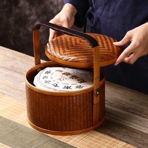 Bamboo Woven Food Container Round Vintage Handmade <b>Storage</b> <b>Basket</b> For Gift Packaging Anji Origin - Product Image 2