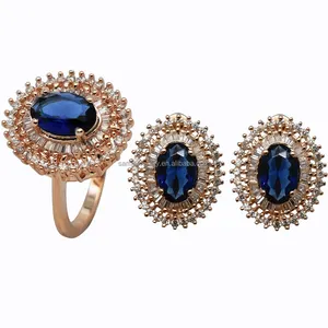 Fashion Jewelry Baguette Gemstone Rose Gold Plated Ring Blue Sapphire CZ Earrings Jewelry Set For Women