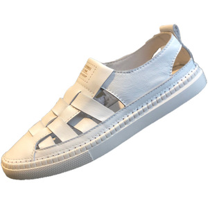 Sandalias Casuales de Hombre Tejidas de PU, Cerradas, Transpirables, Planas, Blancas, Huecas, Romanas, Antideslizantes, para Caminar, Primavera-Verano - Product Image 5