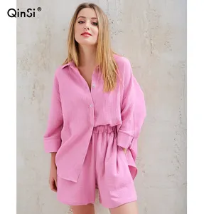 Qinsi conjunto feminino gola virada para baixo, quartos para mulheres, pijamas de algodão casuais para dormir