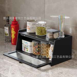 Bread Storage Box Rectangle Flip Top Breathable Home <b>Kitchen</b> Desktop Organizer White Natural Wood Color - Product Image 2