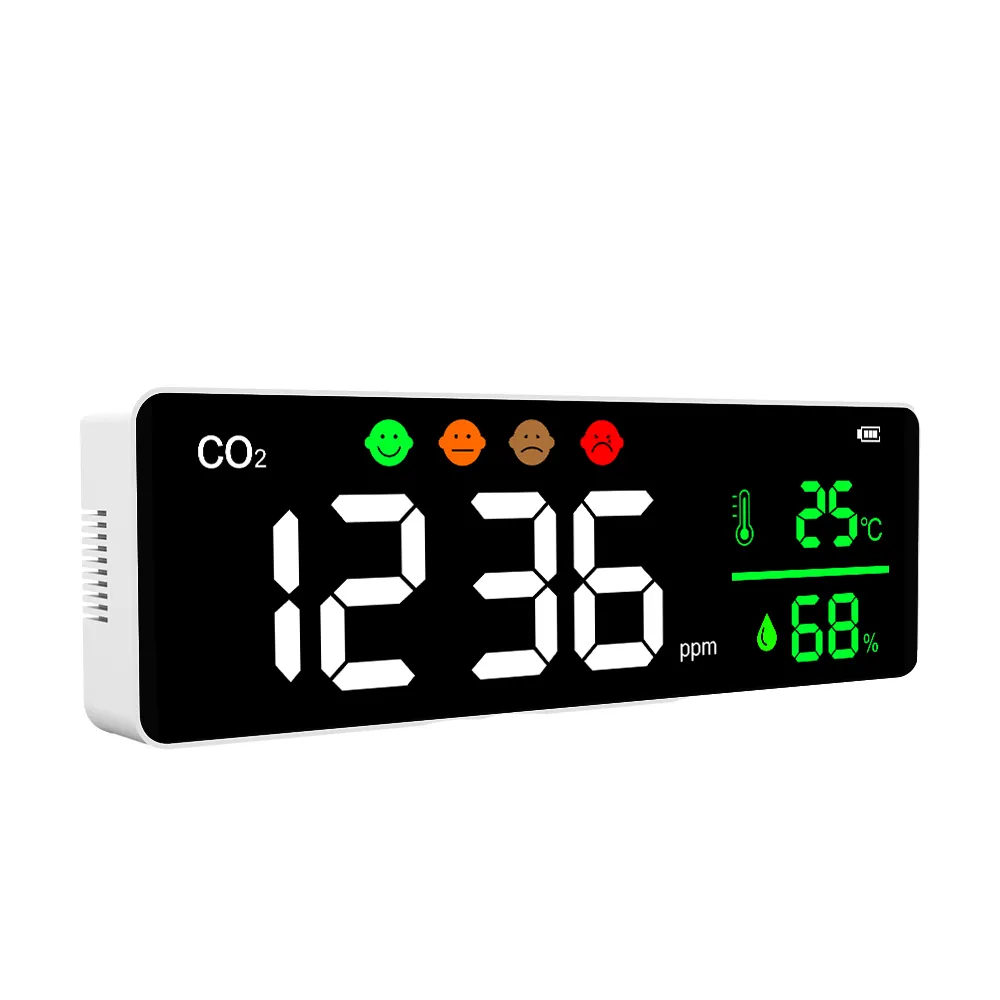 Indoor/Haushalt weißer Kohlendioxid-Detektor ABS-Material Monitore Temperatur Luftfeuchtigkeit LED-Bildschirm Anzeige wiederaufladbare Luft