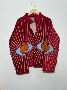 <b>Women</b>’s Red <b>Velvet</b> Blouson <b>Jacket</b> with Embroidered Eye Motif Lantern Sleeves Turn-Down Collar Autumn Fashion <b>Jacket</b> - Product Image 3