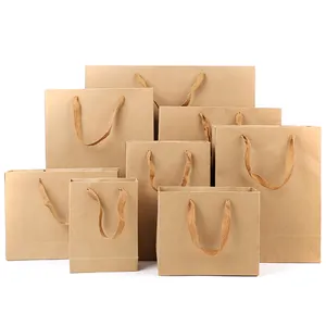 Flat handle brown paper kraft bag for shopping package carry pouch bag