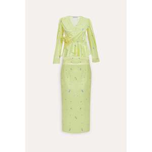 Ensemble 2 pièces en satin de luxe orné de roses jaunes pour femmes, coupe courte, style club et décontracté, coupe ajustée avec décoration logo - Product Image 2