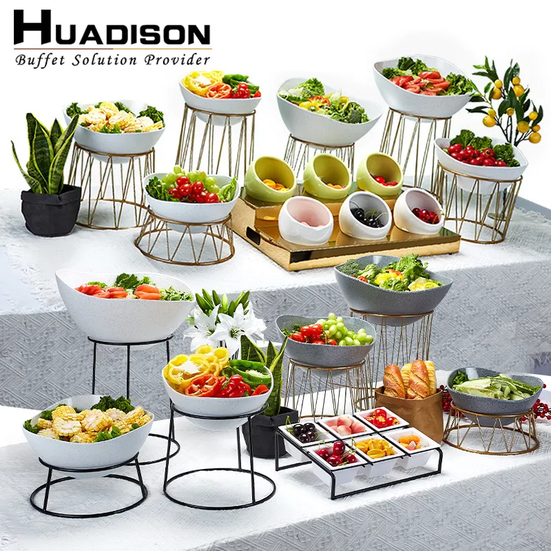 Huadison卸売ゴールドビュッフェパーティーフードディスプレイケータリングスタンドサラダラックホテルレストラン結婚式用デザートライザー
