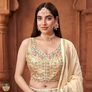 Women Designer Beige Embroidered Sleeveless <b>Lehenga</b> Choli with Flared <b>Skirt</b> and Matching Dupatta Set Indian Ethnic Party Wear - Product Image 4
