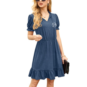 Abito Mini Estivo da <span class=keywords><strong>Donna</strong></span> con Volant e Scollo Allacciato, Maniche Corte a Sbuffo, in Poliestere e Cotone, Vestito Casual a Trapezio per l'Ingrosso - Product Image 1