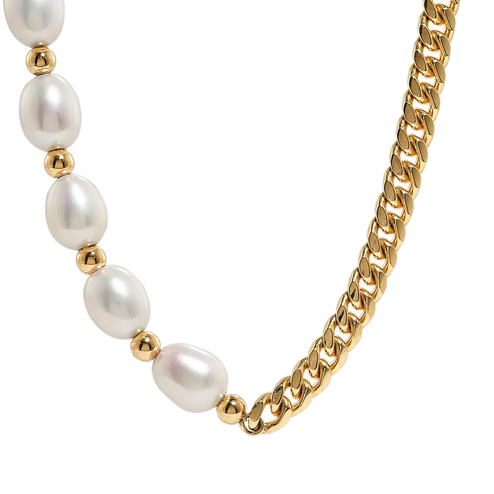 Elegant 14K Yellow Gold 8 MM White Freshwater Pearl Cuban Chain Necklace For Women Stacking Fine Jewelry