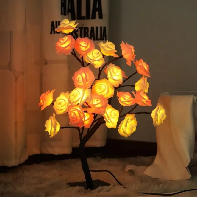 Biumart USB Battery Plug Christmas Tree Table Lamp Night Lights Rose Flower Blossom Led Rose Tree Light for Home Wedding